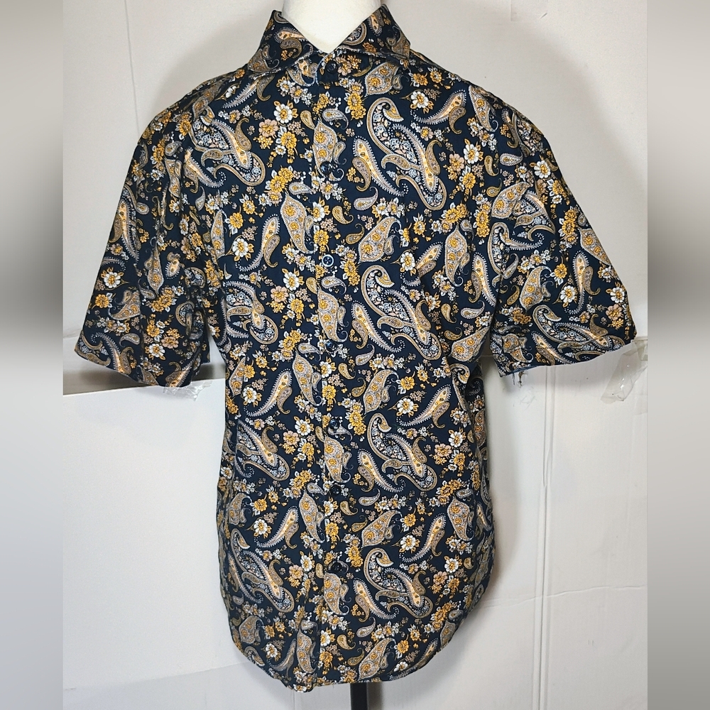 Consequences Medium Men's Paisley Button Down Shirt - Navy and Gold.